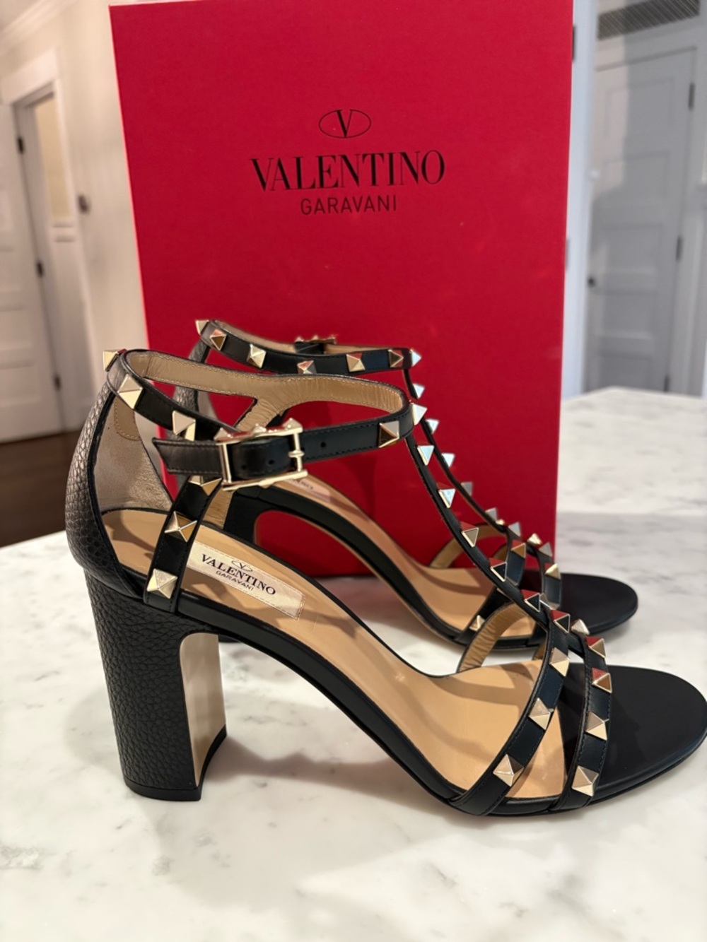 Valentino Garavani Black Leather Rockstud T-Strap Block Heel Sandals